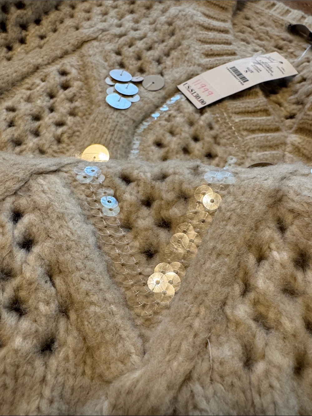 White House Black Market Cream Sequin-Embellished wool Open Knit V-Neck Sweater - Picture 7 of 8
